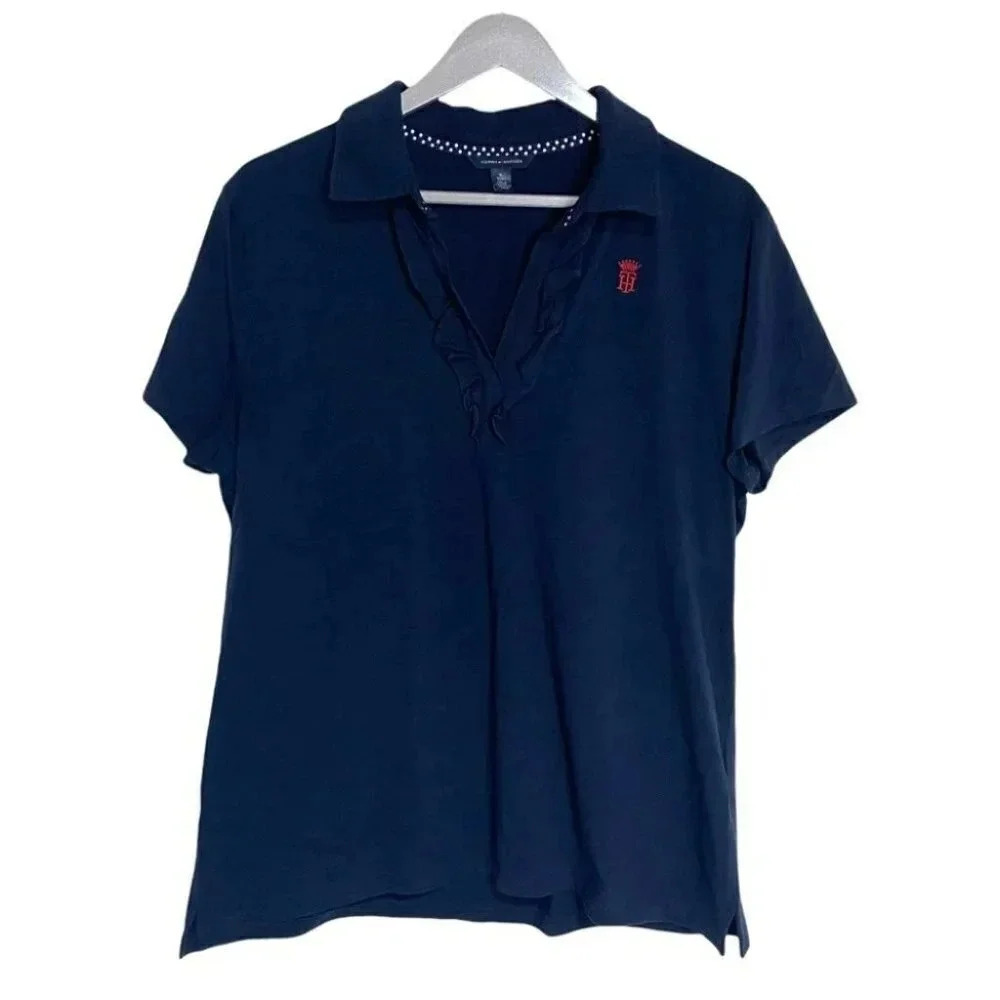Tommy Hilfiger Ruffle V-Neck Polo XL Navy Blue Short Sleeve‎ Embroidered Logo